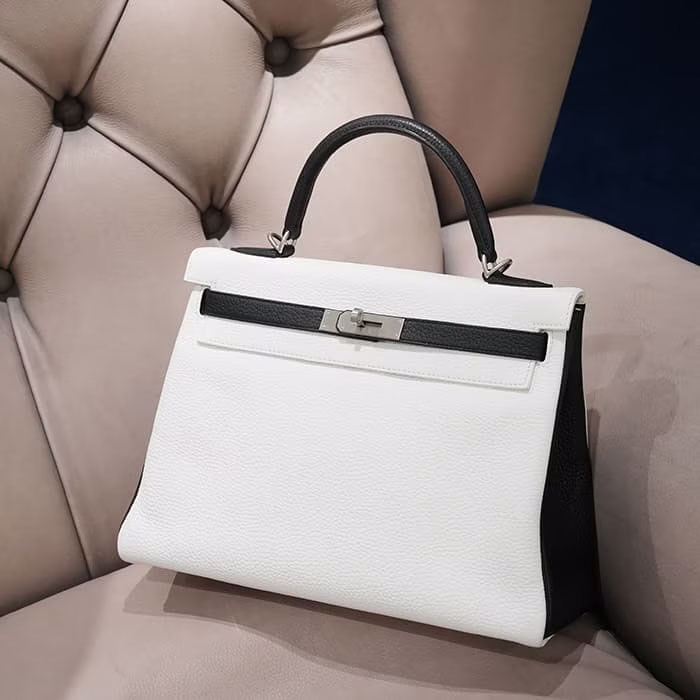 HERMES エルメス ケリー 32 内縫い トリヨンクレマンス ホワイト ブラック マットシルバー金具 パーソナルオーダー