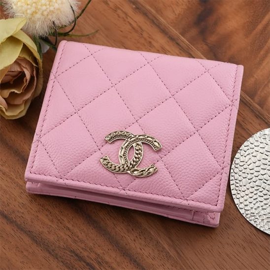 CHANEL シャネル 二つ折りウォレット グレインドカーフスキン ピンク ゴールド金具