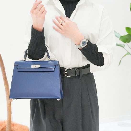 HERMES エルメス ケリー 25 ボックスカーフ ブルーサフィール 外縫い シルバー金具