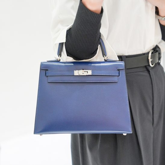 HERMES エルメス ケリー 25 ボックスカーフ ブルーサフィール 外縫い シルバー金具