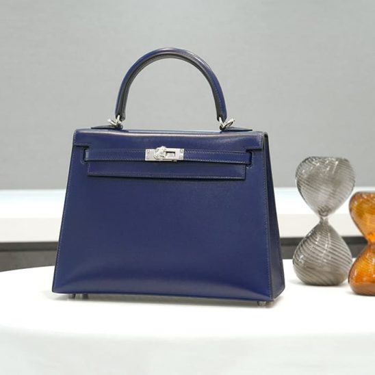 HERMES エルメス ケリー 25 ボックスカーフ ブルーサフィール 外縫い シルバー金具
