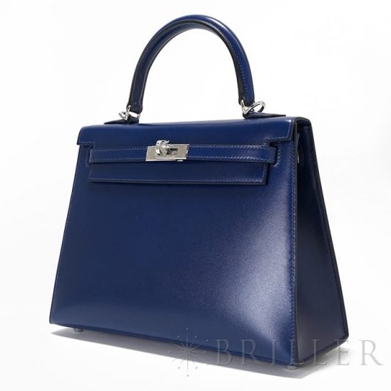 HERMES エルメス ケリー 25 ボックスカーフ ブルーサフィール 外縫い シルバー金具